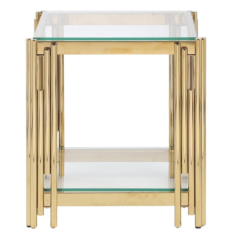 20" Wide Square End Table with Glass Top and Golden Stainless Steel Base