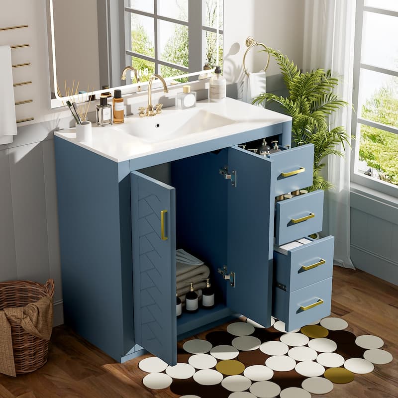 36" Freestanding Bathroom Vanity Set with Ceramic Sink – Solid Wood Storage Cabinet, 3 Soft-Close Drawers & Doors‌