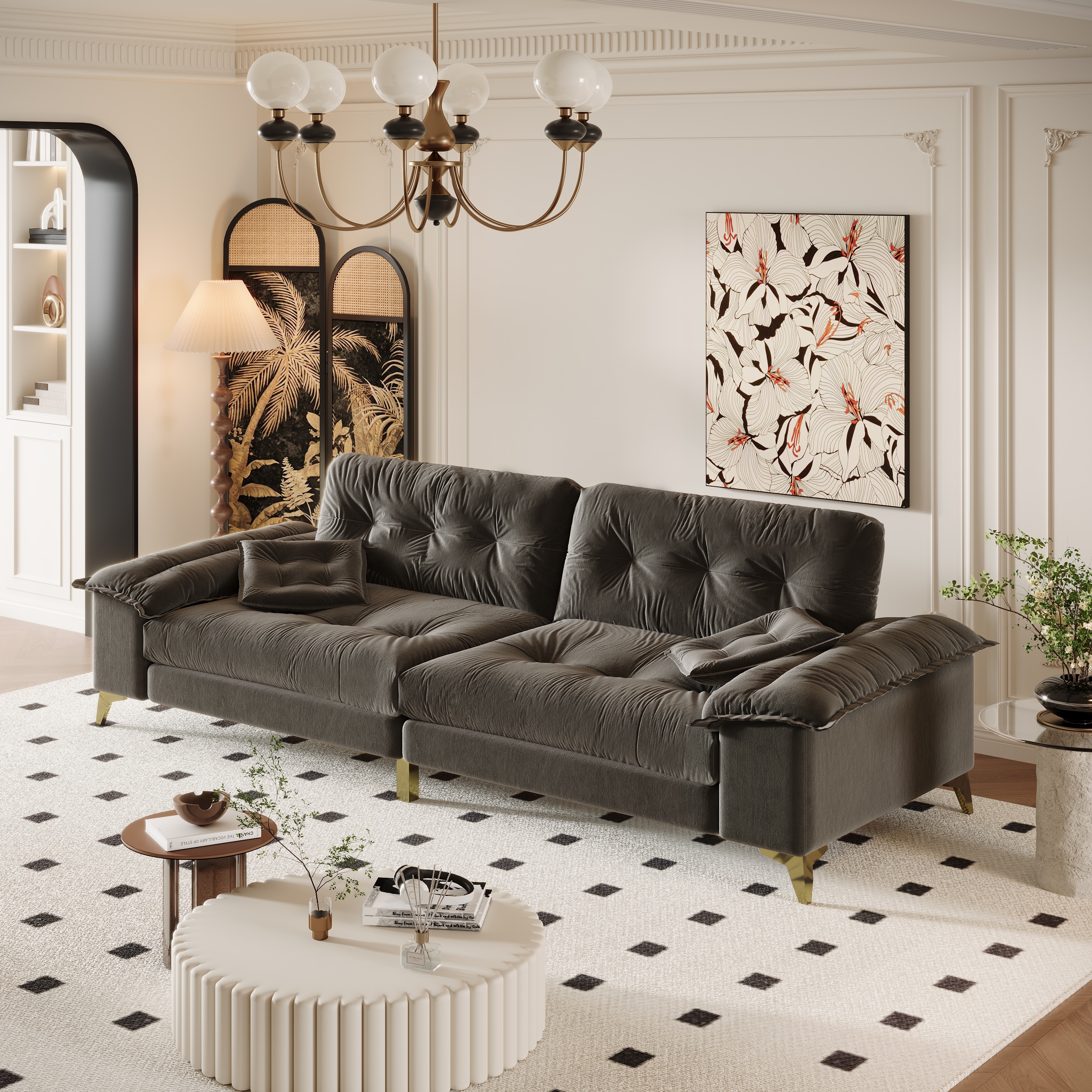 Oversized 4-Seat Cloud Couch with Wide Removable Armrests, Chenille Upholstered Lounge Sofa, Tufted Sofa with 2 Pillows