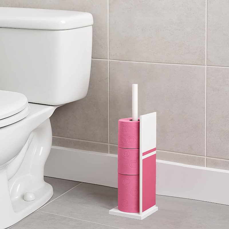 Evideco Freestanding Metal Toilet Tissue Paper Roll Holder Reserve 3 Rolls - White/Fuchsia