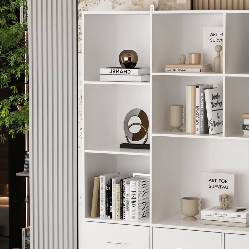 78.7" Large Bookcase,4 door, 4 drawer with Display Storage Shelves - 78.7"H x 63"W