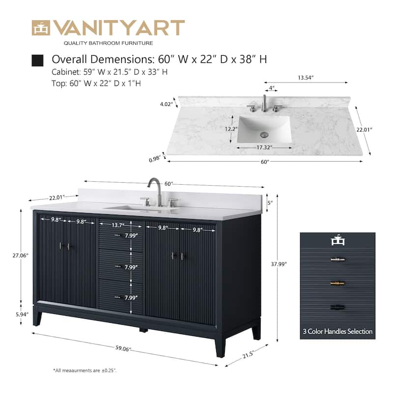 Vanity Art 60" Freestanding Bathroom Vanity with Engineered Marble Top and Sink