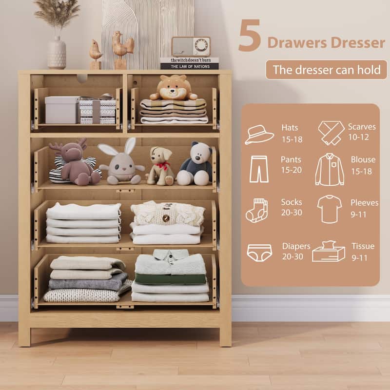 5 Drawer Dresser for Bedroom, Modern Wooden Storage Chest Organizer with Drawers
