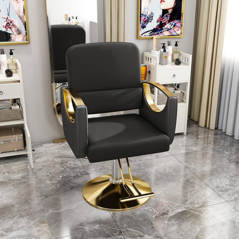 Roomfitters Hydraulic Salon Chair with 360° Swivel, Heavy Duty Barber Stylist Chair with Non-Tilting Gold Base, Black & Gold