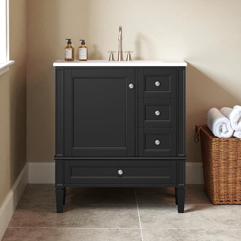 30 Inch Bathroom Vanity with Sink, Modern Freestanding Cabinet with 3 Drawers, Solid Wood Frame & Ceramic Top - Green