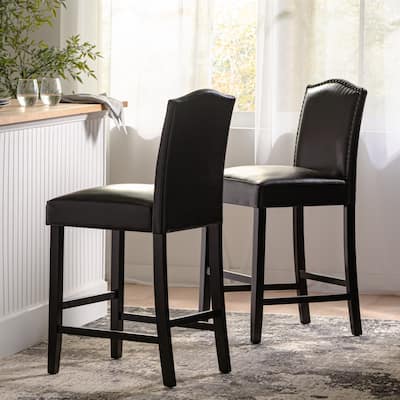 Modern Set of 2 Bar Stools with Leather Cushioned Backrests, Nailhead Trim, Solid Wood Legs for Dining Room Living Room Bar