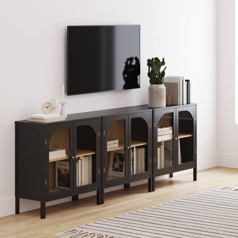 Nathan James Mason Sideboard Buffet with Glass Doors and Adjustable Shelves - Set of 3 - Black