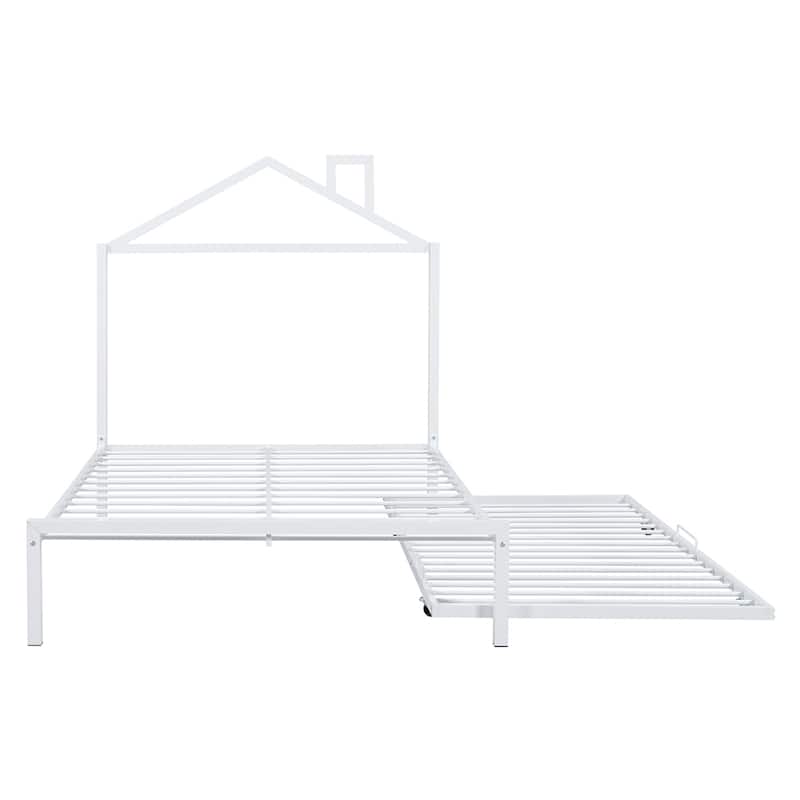 Full Size House Shaped Metal Platform Bed with Trundle