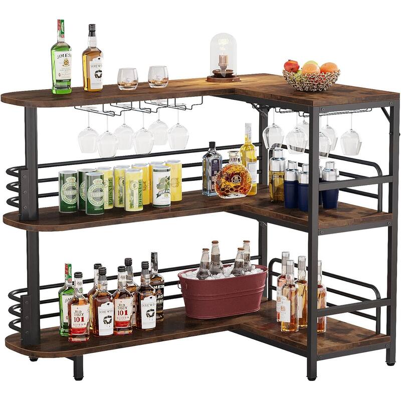 43-Inch Height Rustic Brown L-Shaped Home Bar Table with Wine Storage and Steel Frame - 47.24”L x 35.43”W x 43.31”H