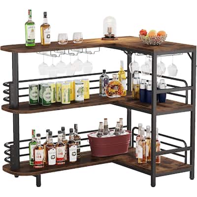 43-Inch Height Rustic Brown L-Shaped Home Bar Table with Wine Storage and Steel Frame - 47.24”L x 35.43”W x 43.31”H