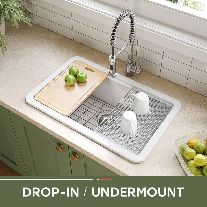 HOROW 30 in. Drop-In Single Bowl White Ceramic Kitchen Sink Standard and Bottom Grid, Drain Assembly, Cutting Board