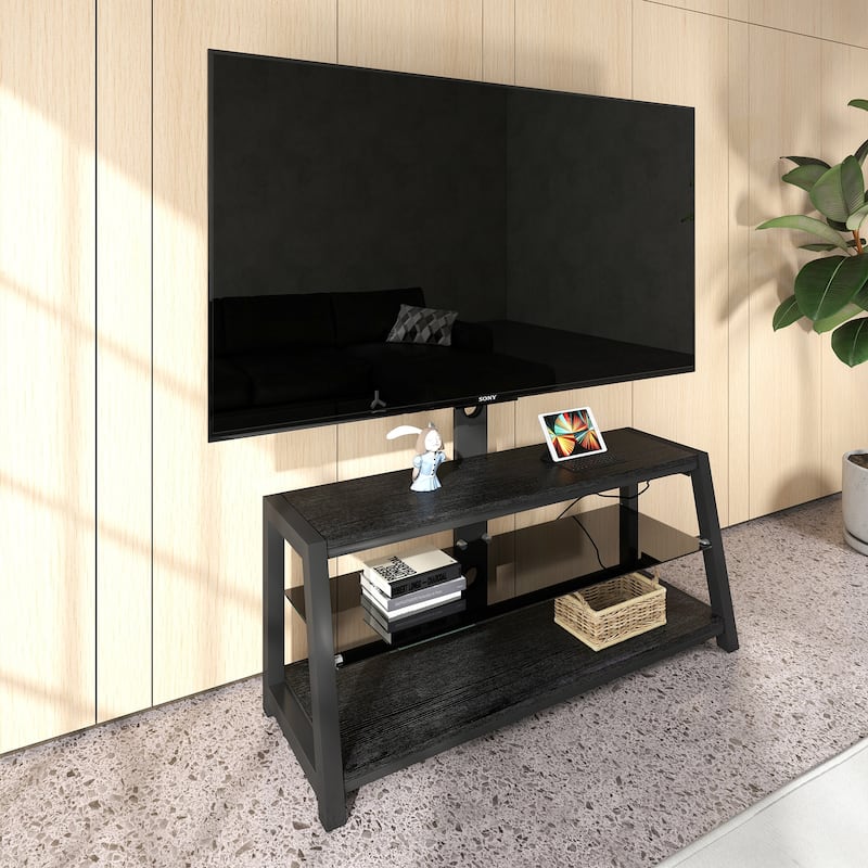Swivel TV Stand with Glass Shelves, Entertainment Center Media Console with Adjustable Height & Charging Station - Black