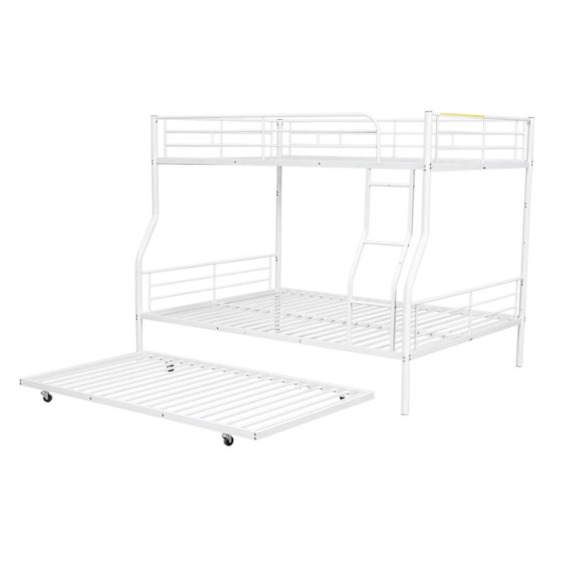 Full XL Over Queen Metal Bunk Bed with Trundle and Guardrail, Convertible to Two Beds