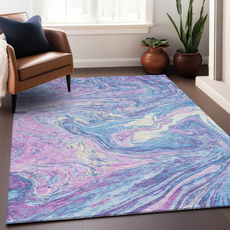 Machine Washable Indoor/ Outdoor Abstract Brushstroke Chantille Rug - Sky - 2'6" x 3'10"