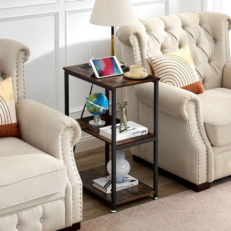 VECELO Industrial Nightstand with Charging Station 3-Tier End Table Bedside Table Black Steel Frame for Small Spaces