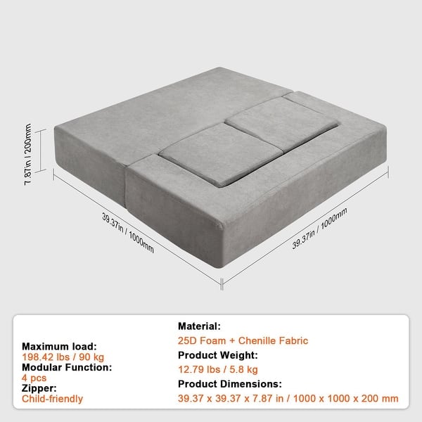 Grey Chenille Kids Modular Couch with Foam Blocks and Safe Zippers - 39.37” L x 39.37” W x 7.87” H
