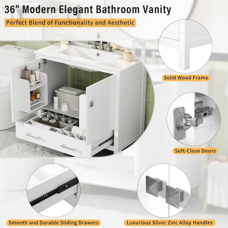 36" White Bathroom Vanity with Ceramic Sink, Soft-Close Doors, Double Storage Shelves & Divided Drawer