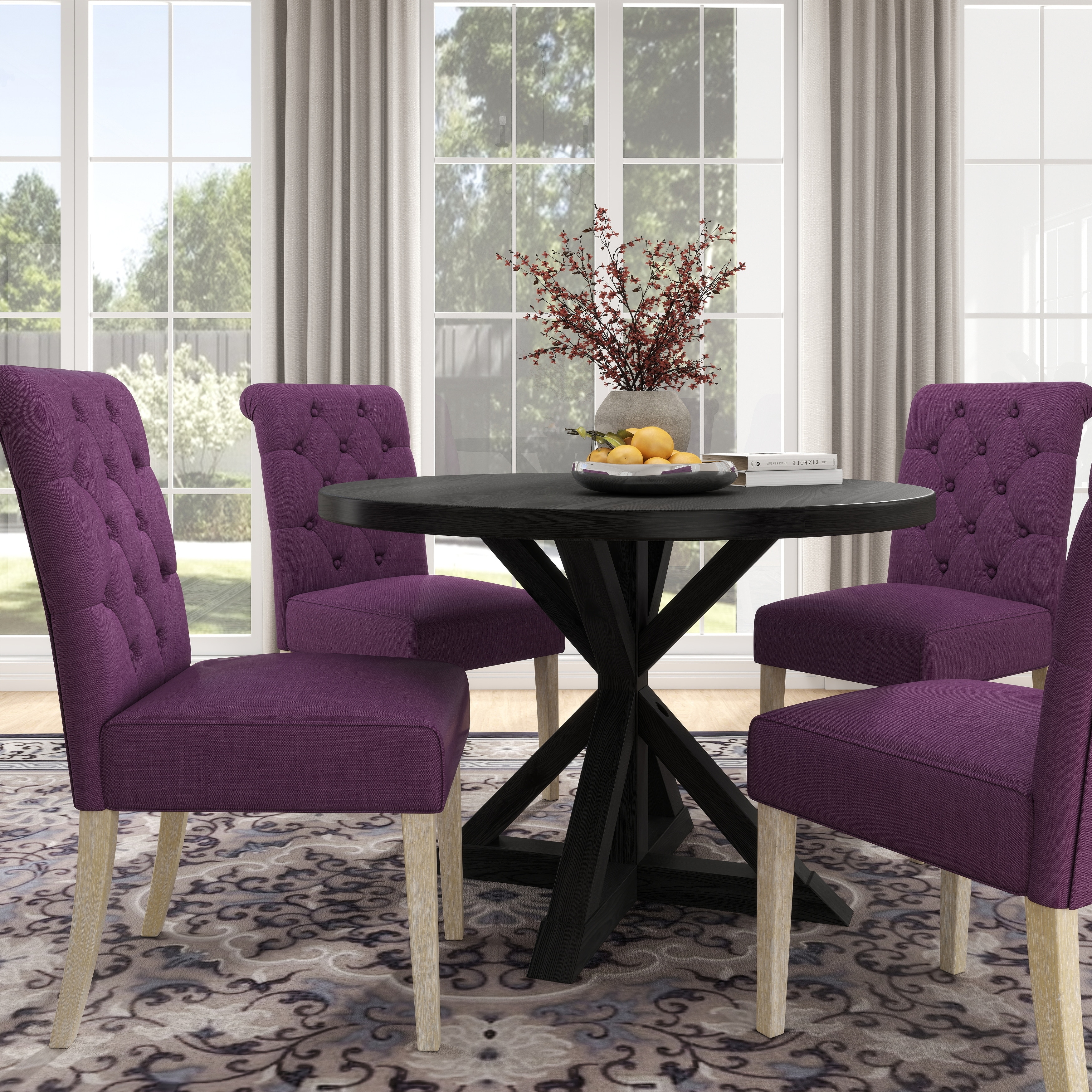 Button Tufted Upholstered Chairs, Round Kitchen Table with Cross Pedestal, Black Purple Practical Table and Chair Set