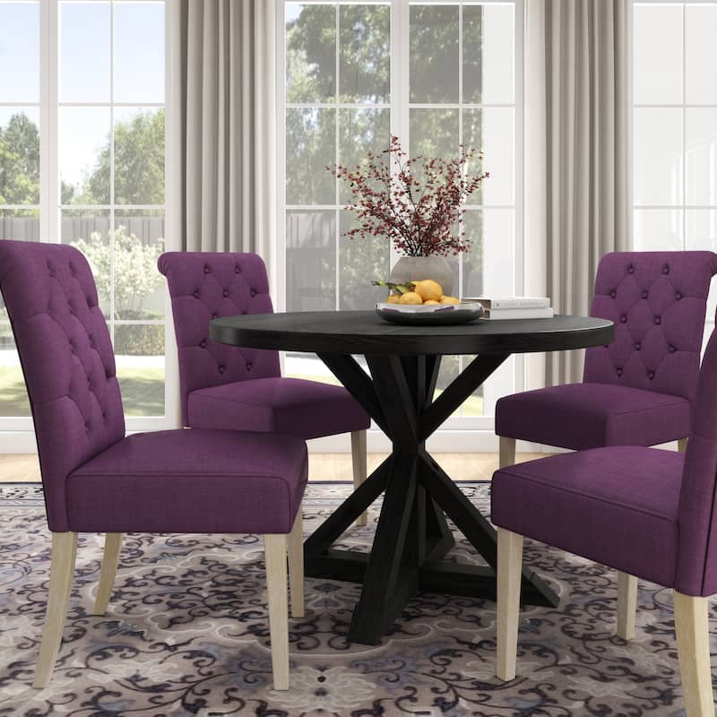 Roundhill Furniture Banff 5-Piece Round Dining Set, Cross-Buck Round Table with 4 Tufted Chairs