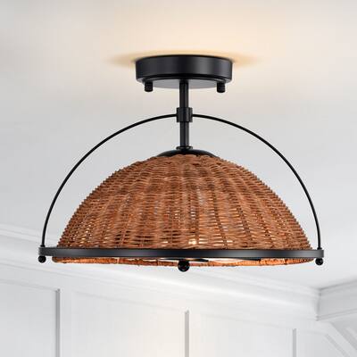 Handmade Boho Woven Rattan Half Round Semi Flush Ceiling Light 3-Light