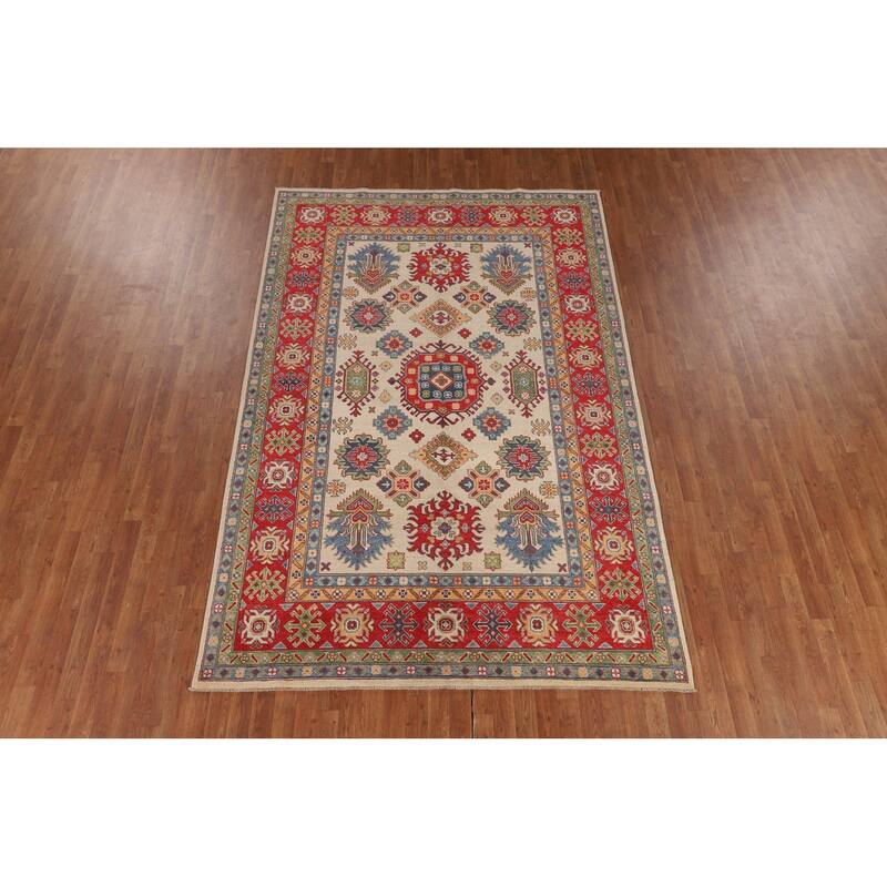Geometric Kazak Area Rug Hand-Knotted Beige / Ivory Wool Carpet - 6'5" x 9'8"