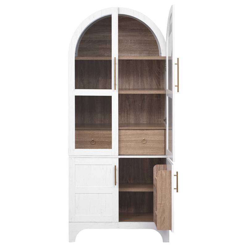Farmhouse Arched Pantry Cabinet - 71" Tall Kitchen Storage with Adjustable Shelves, Glass Door & Hidden Drawer