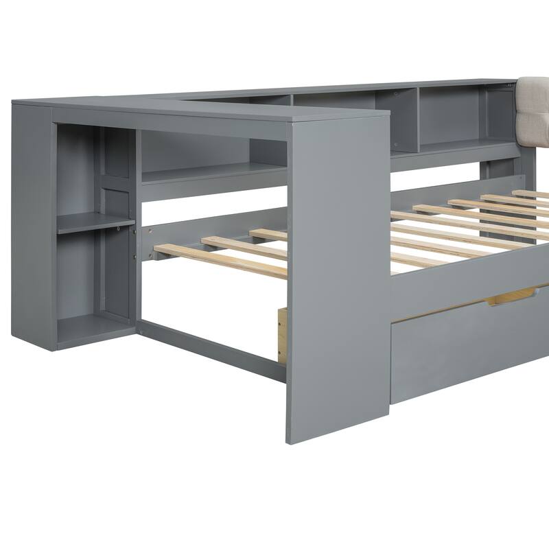 Wood Twin Size Platform Bed Frame with Storage Shelves, Drawers, Charging Station and Upholstered Headboard for Bedroom