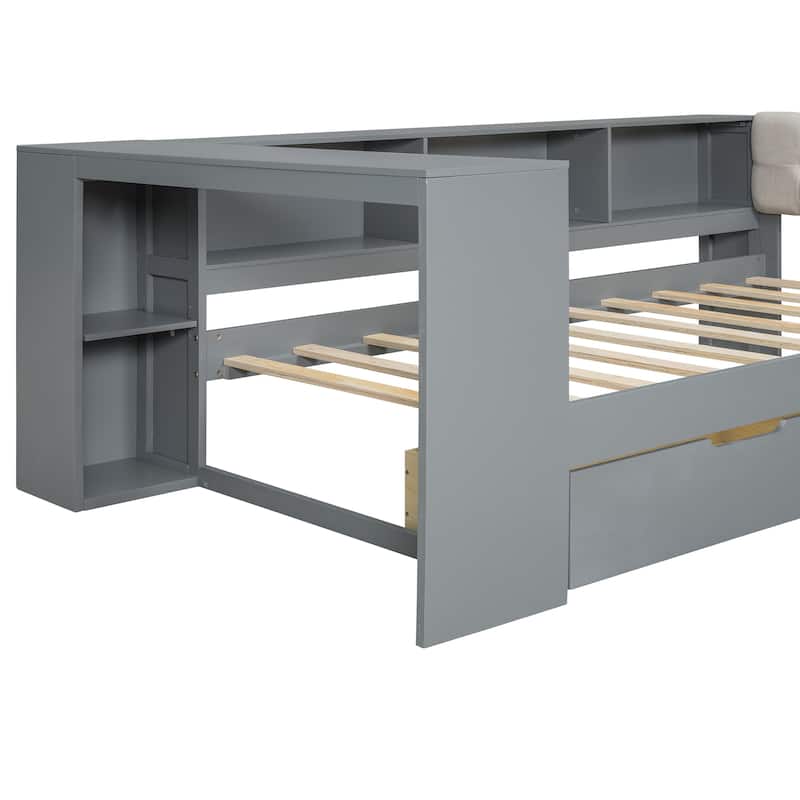 Wood Twin Size Upholstered Headboard Platform Bed with Storage Shelves Drawers and Charging Station