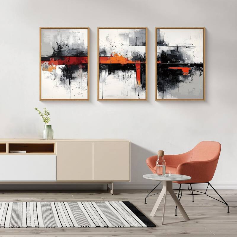 Neutral Black and Orange Wall Decor,Textured Gray White Wall Painting