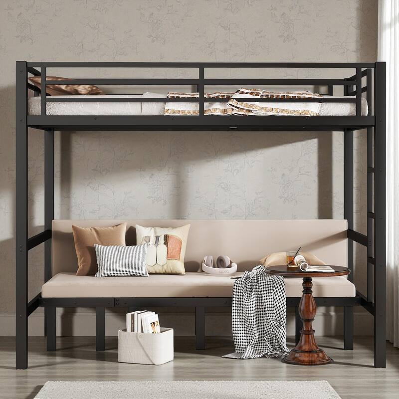 Full over Full / Queen over Queen Metal Bunk Bed with 3-Section Pull-Out Lower Bed and Safety Guardrails