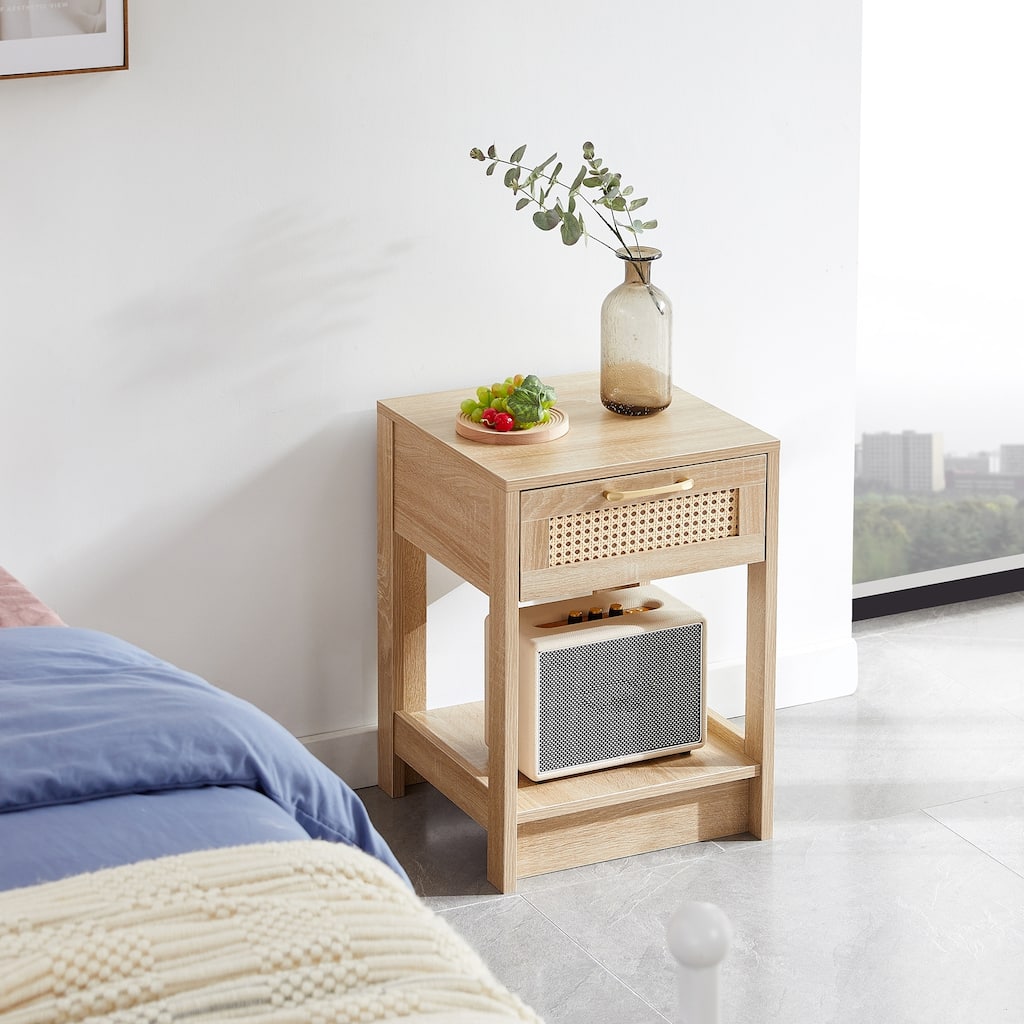 MDF 15.75" Rattan End Table with Drawer, Side Table for living room