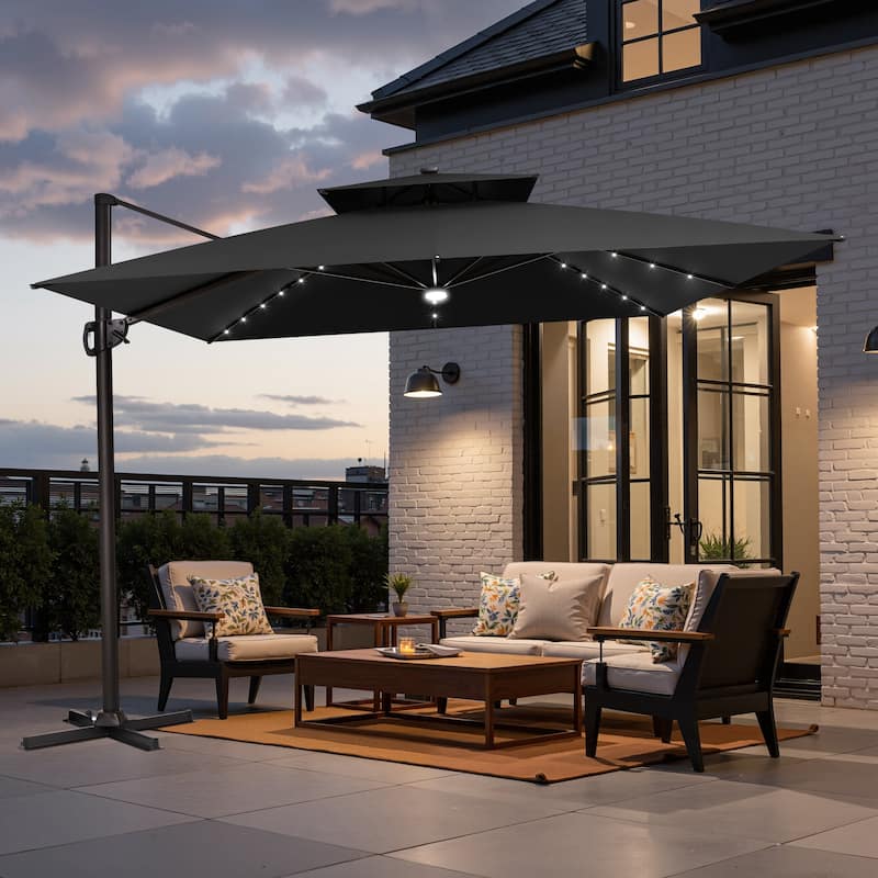 11 FT Outdoor Square Solar Powered LED Double Top Patio Cantilever Umbrella - Black