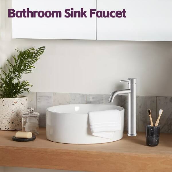 Brushed Nickel Vessel Sink Faucet – Tall Deck Mount Bathroom Faucet, Single Handle, Stainless Steel, Round Design, Model B095LPHTKN-741826