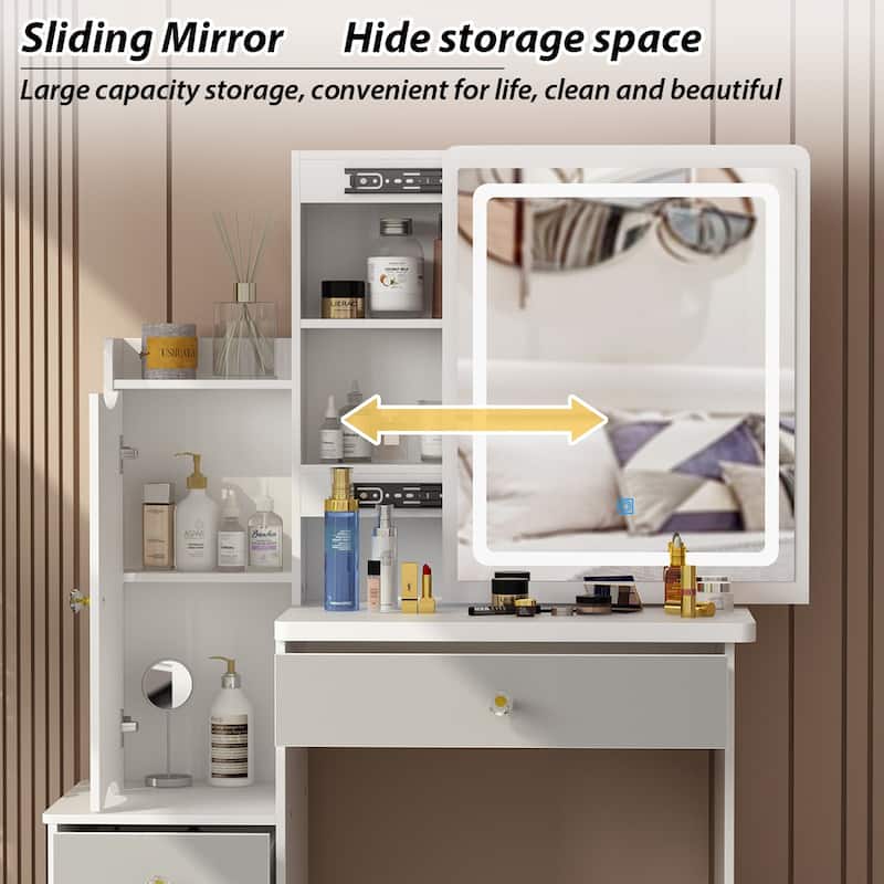 Timechee Makeup Vanity Set with Sliding Lighted Mirror Dressing Table - 33"L x 15.7"W x 52.4"H