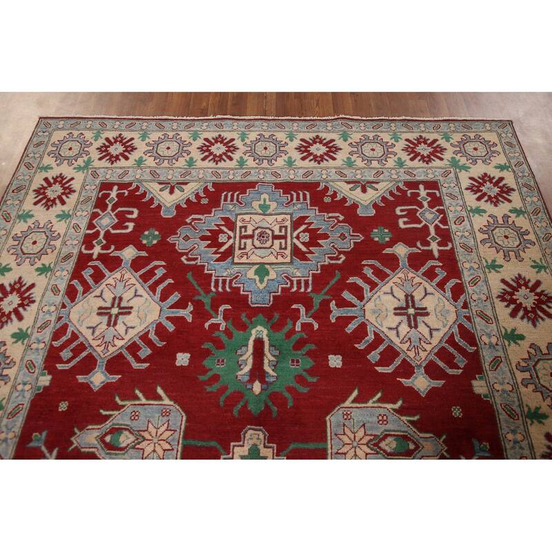 Kazak Area Rug Handmade Geometric Red Wool Carpet - 6'6" x 9'11"