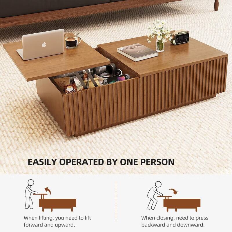 51.1'' Modern Lift-Top Coffee Table with Hidden Storage & Sliding Drawers, Satin Walnut Finish, Rectangular Center Table
