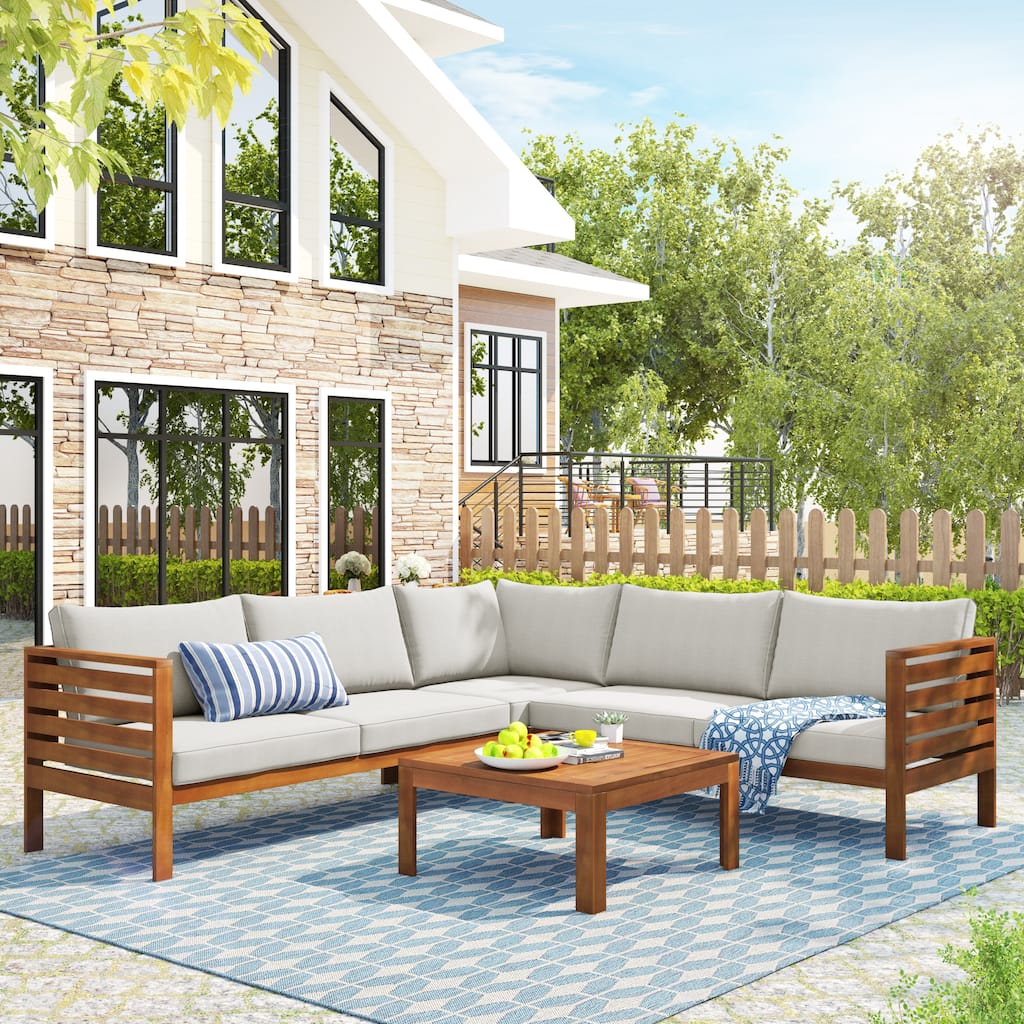 Roomfitters 3-Piece Outdoor Sectional Sofa Set with Coffee Table, Solid Wood Frame L-Shaped Patio Furniture