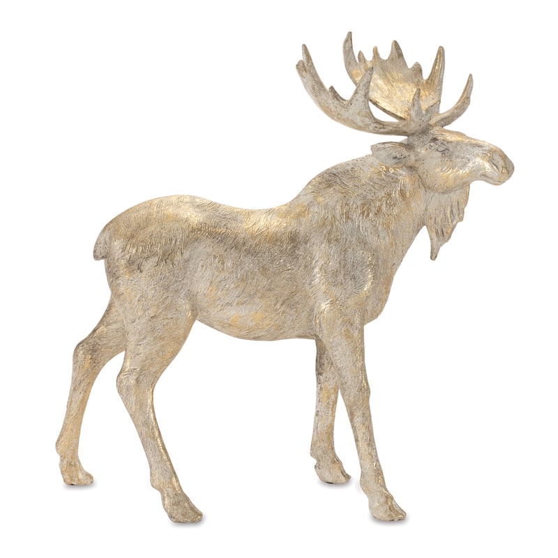 Set of 2 Resin Winter Moose Figurines with Gold and Beige Finish for Holiday Tabletop and Mantel Decor