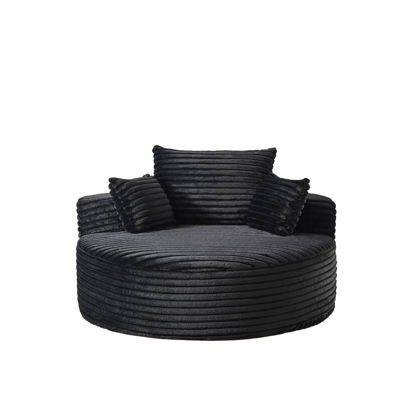 Oversized Round Chaise Lounge Corduroy Upholstered Single Sofa Chair with Cylindrical Neck Pillow and Integrated Backrest