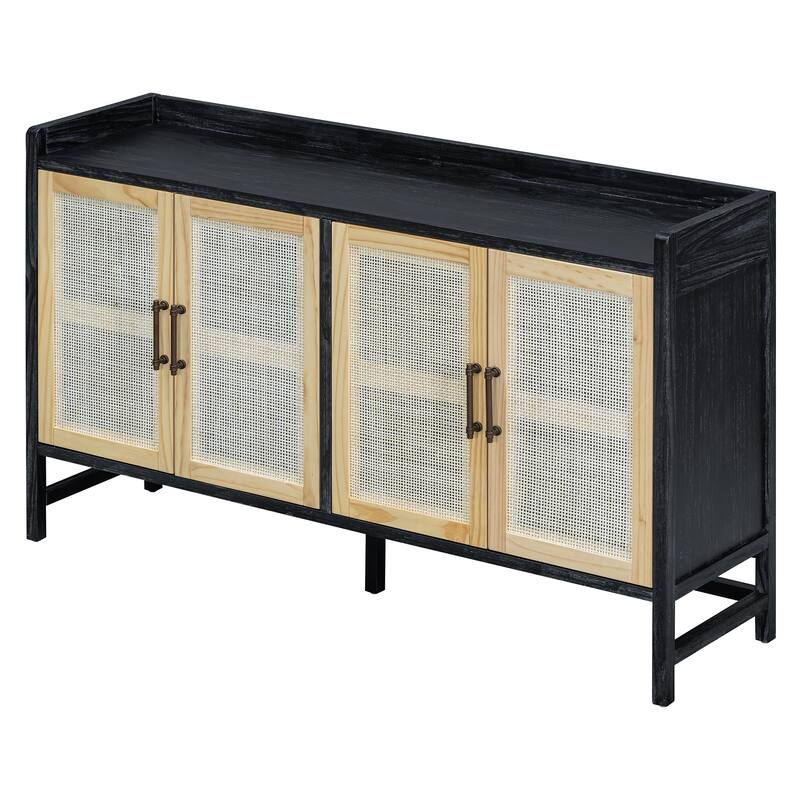 Rattan Sideboard Buffet Storage Cabinet Console Table, Black+Natural