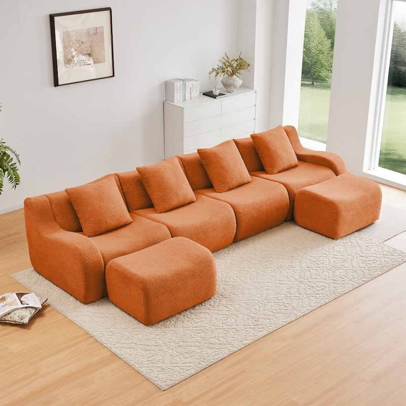 148" Premium Teddy Fabric U-shaped Modular Curved Armrests Boneless Sofa Set - Orange