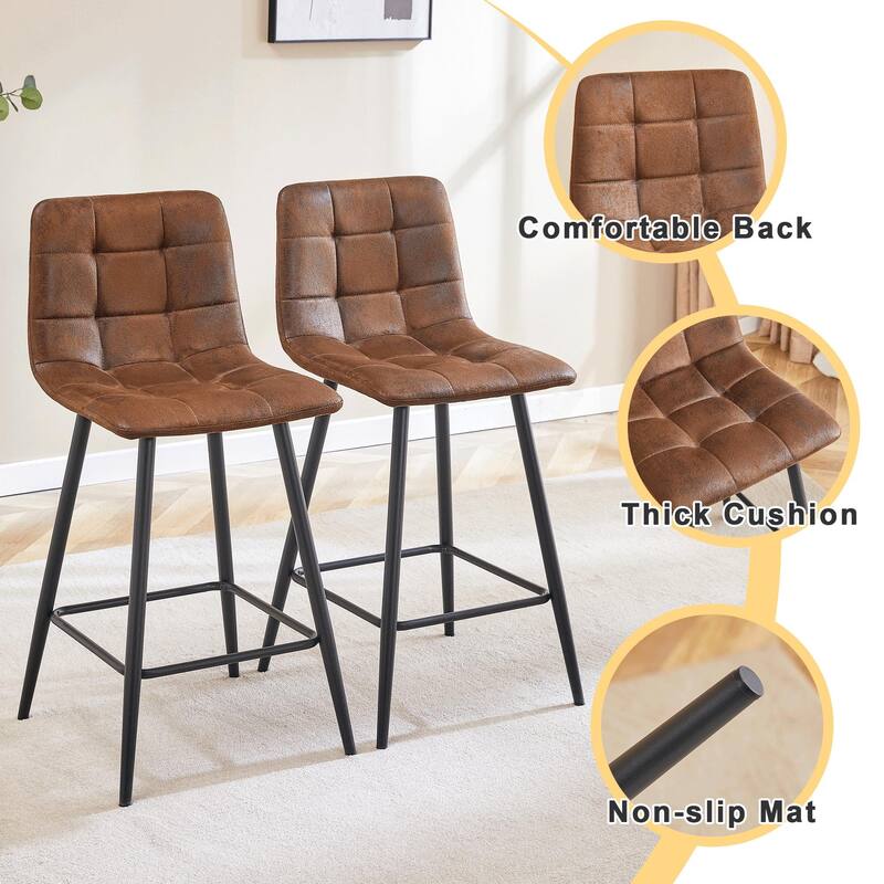 Modern PU Bar Chair 2 Pieces with Metal Legs, Checkered Design, Waterproof and Stain Resistant Suitable for Bars, Living Rooms