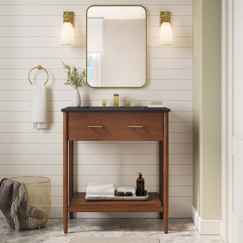 Zaire 18"/24"/30"/36"/48" Bathroom Vanity with Black Sink Top - 30" - Walnut