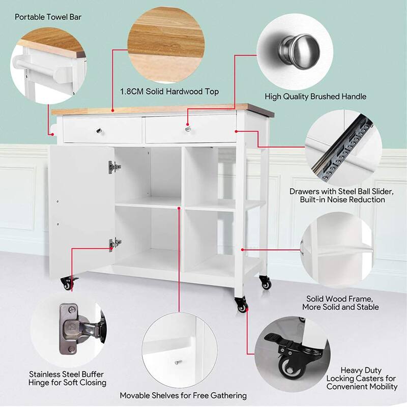 40" Kitchen Island Cart - Rubber Wood Top, Locking Wheels, Versatile Storage & Towel Rack,White