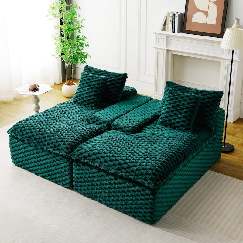 Lazy Reclining Sofa Turtle Velvet Modular Sleeper Sectional Sofa Bed with Double Chaise Lounge and Full Compressed Sponge