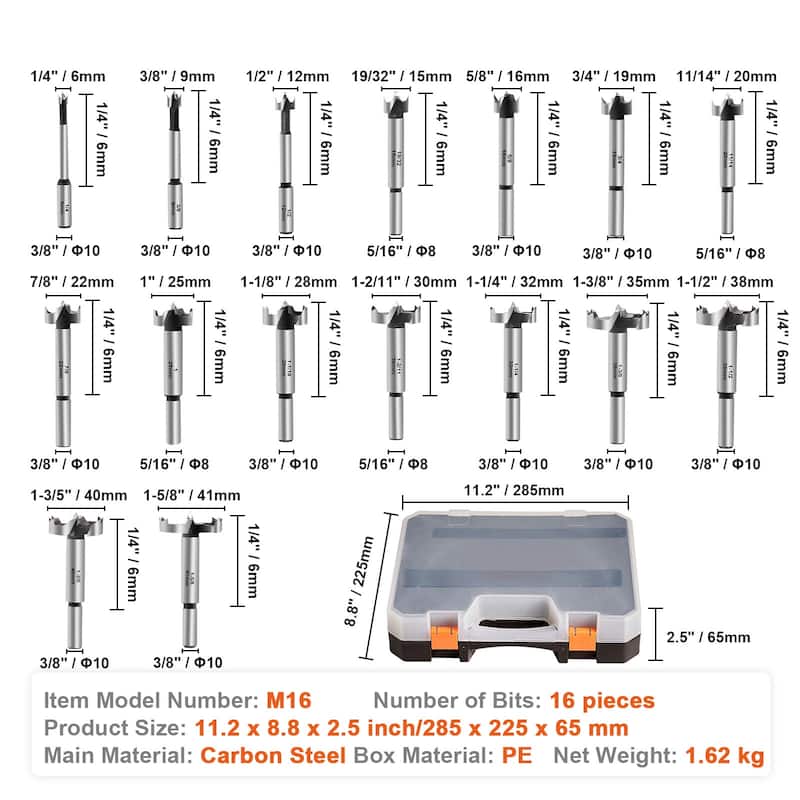 UIMOSO Forstner Bit Set, 16 Pcs Forstner Drill Bits Set, 1/4" to 1-5/8", Carbon Steel, with Universal Round Shank - 16 Pcs