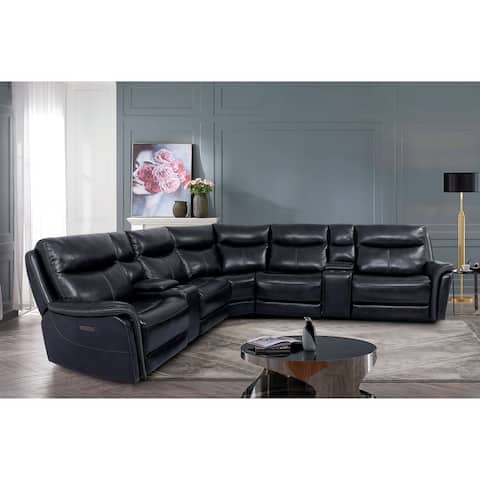 Furniture of America Bowling Contemporary Dark Navy Leather Sectional