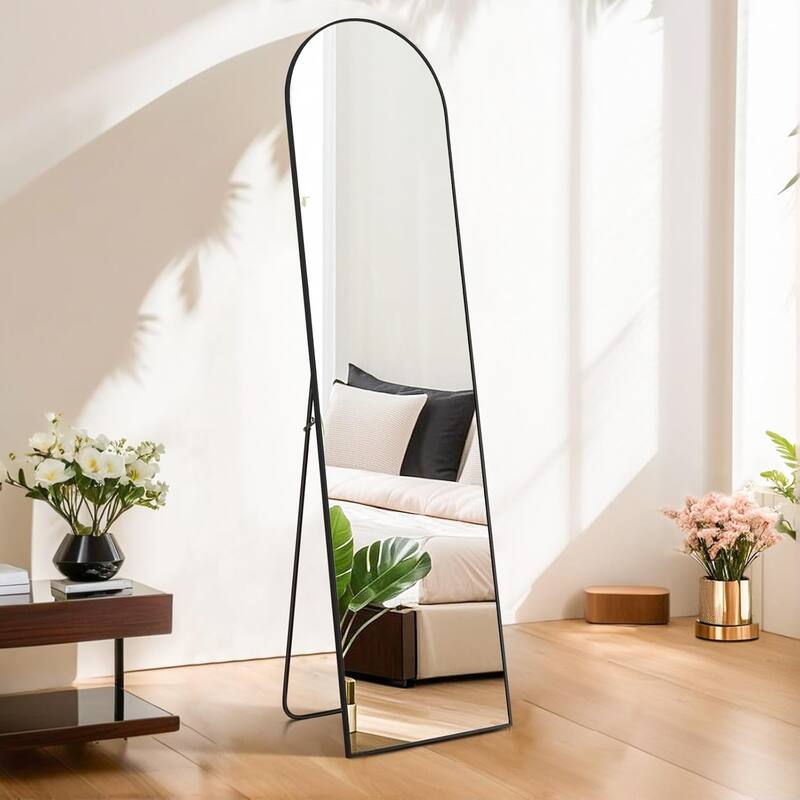 Arched Mirror Full Length, 16"x59" Body Wall Mirrors, Floor Standing,Tall Arch Mirror with Stand Aluminum Alloy Frame - Black-arched