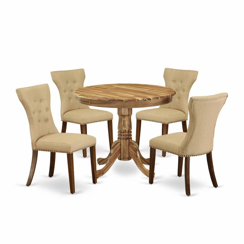 East West Furniture 5 Piece Dining Table Set- A Round Kitchen Table and 4 Linen Fabric Parson Chairs,(Finish Options)