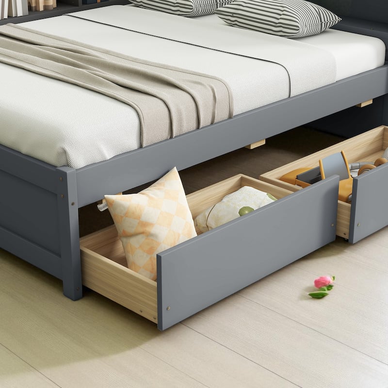 Full Size Bed with L-Shaped Bookcases, Power Outlets, USB Ports and 2 Storage Drawers